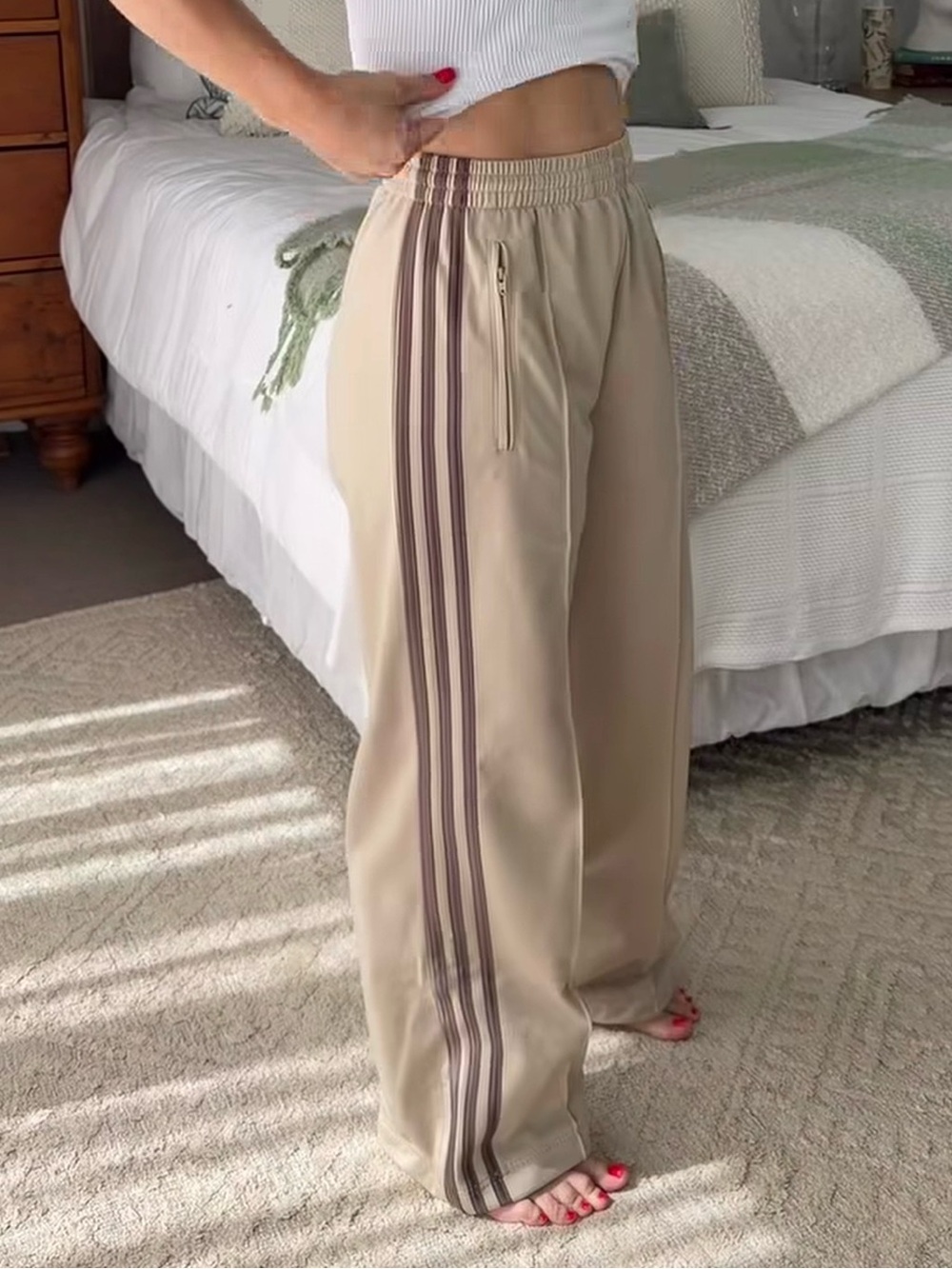 adidas Classic Firebird Women’s Loose Track Pants Khaki w/Earth Stripes KD3660 - Picture 6 of 13